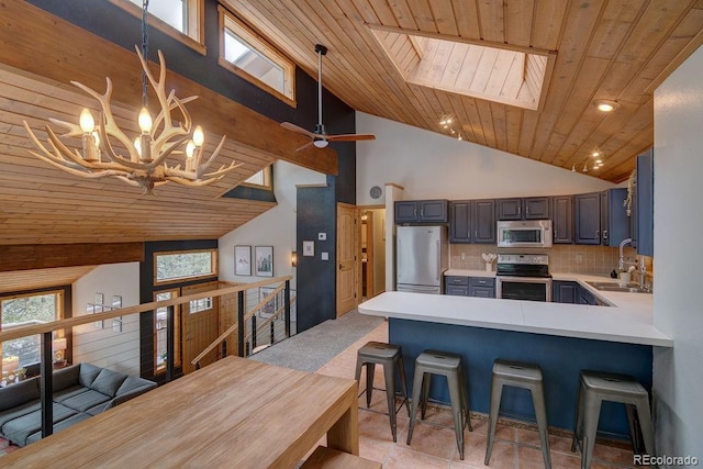 kitchen with stainless steel appliances, a sink, wood ceiling, high vaulted ceiling, and light countertops
