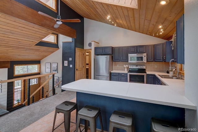 kitchen with stainless steel appliances, a sink, wood ceiling, a peninsula, and light countertops