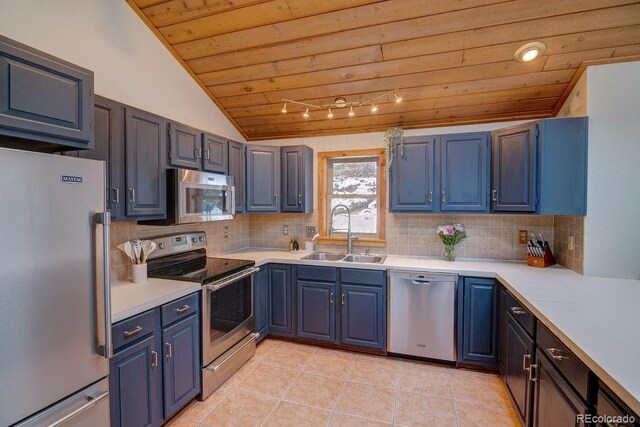 kitchen with stainless steel appliances, a sink, wood ceiling, vaulted ceiling, and decorative backsplash