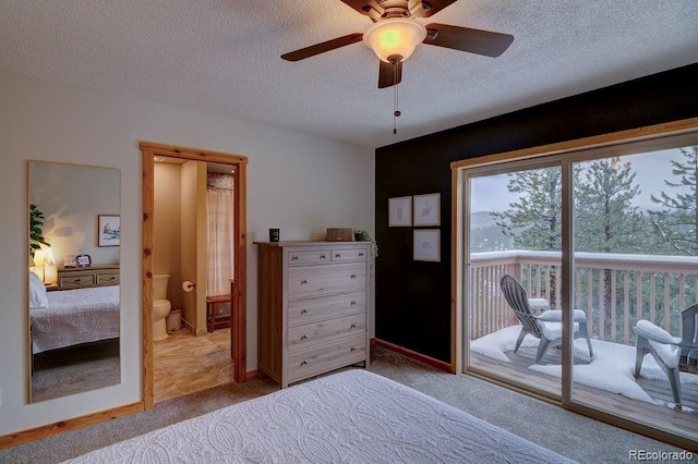 bedroom with access to exterior, carpet, a textured ceiling, connected bathroom, and ceiling fan