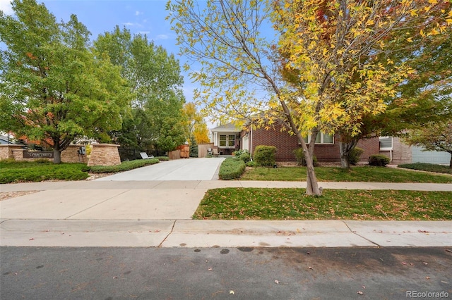 obstructed view of property with a front lawn