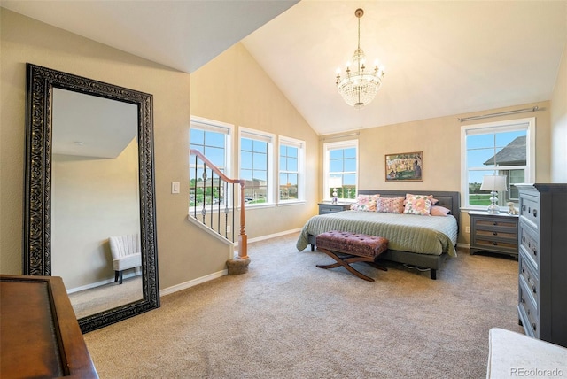 10705 Pinewalk Way, Highlands Ranch, CO 80130 - bedroom with carpet floors, a chandelier, multiple windows, baseboards, and high vaulted ceiling