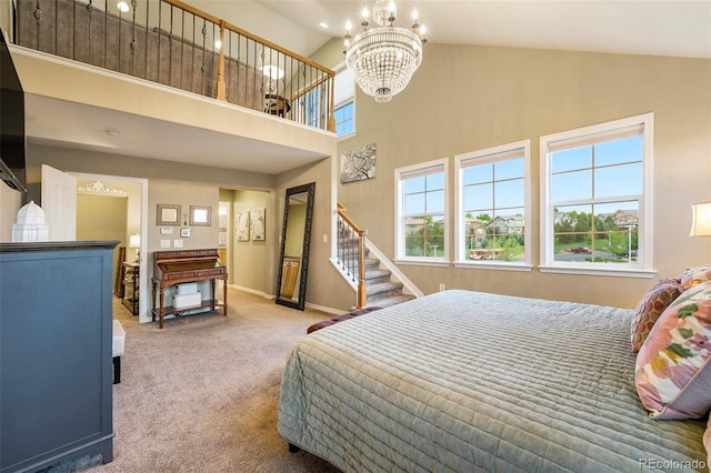 10705 Pinewalk Way, Highlands Ranch, CO 80130 - carpeted bedroom featuring a chandelier, high vaulted ceiling, and baseboards