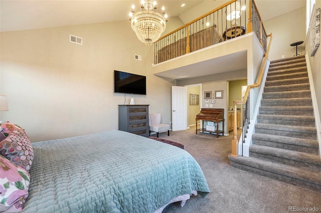 10705 Pinewalk Way, Highlands Ranch, CO 80130 - carpeted bedroom with a chandelier and high vaulted ceiling