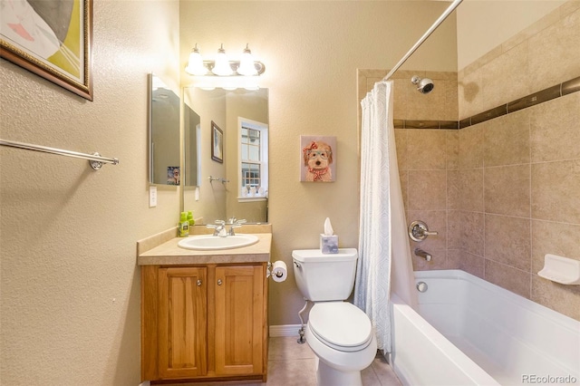 10705 Pinewalk Way, Highlands Ranch, CO 80130 - bathroom with toilet, vanity, shower / bathtub combination with curtain, tile patterned floors, and a textured wall