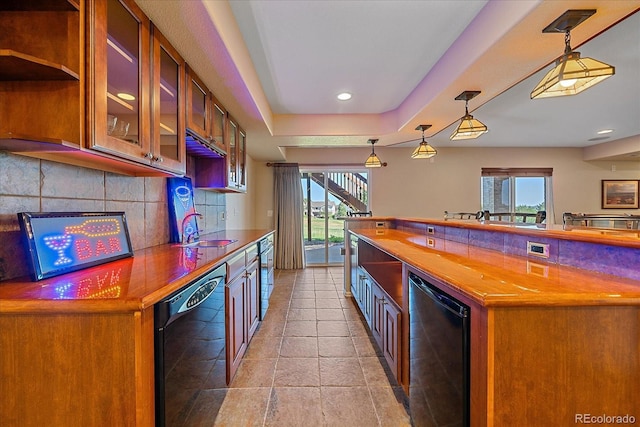 23425 E Otero Dr, Aurora, CO 80016 - kitchen featuring dishwasher, backsplash, recessed lighting, open shelves, and wood counters