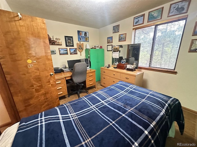 33691 Nova Rd, Pine, CO 80470 - bedroom featuring a textured ceiling, an office area, and light colored carpet