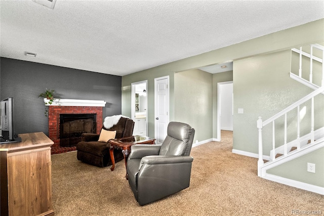 carpeted living room with a textured ceiling and a brick fireplace