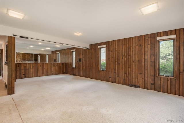 spare room with plenty of natural light, carpet, wood walls, and visible vents