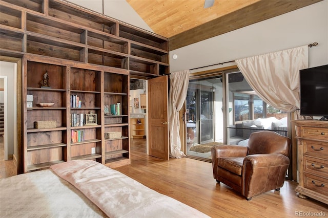 bedroom featuring access to exterior, light hardwood / wood-style floors, high vaulted ceiling, and wood ceiling