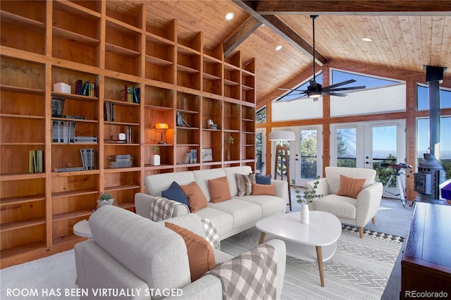 carpeted living room with french doors, ceiling fan, high vaulted ceiling, wooden ceiling, and beamed ceiling