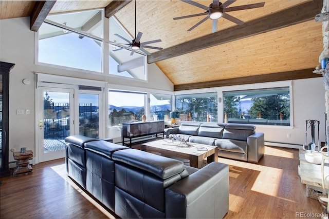 living room with beam ceiling, hardwood / wood-style flooring, high vaulted ceiling, and plenty of natural light