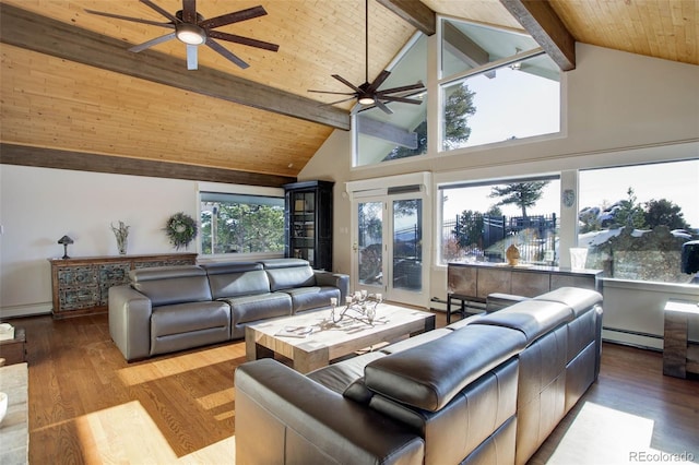 living room featuring beamed ceiling, high vaulted ceiling, a baseboard heating unit, and light wood-type flooring