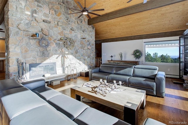 living room featuring ceiling fan, wood-type flooring, beam ceiling, high vaulted ceiling, and wooden ceiling