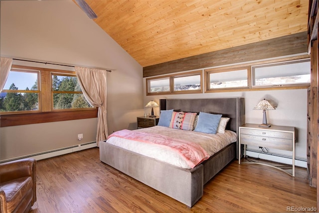 bedroom featuring hardwood / wood-style flooring, wooden ceiling, high vaulted ceiling, and a baseboard radiator