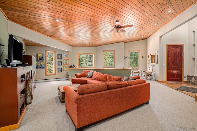 carpeted living room featuring ceiling fan, baseboard heating, wooden ceiling, and a towering ceiling