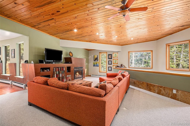 carpeted living room featuring a baseboard radiator, wooden ceiling, ceiling fan, a fireplace, and lofted ceiling