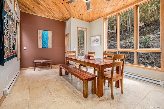 dining room with baseboard heating, ceiling fan, light tile patterned floors, and wood ceiling