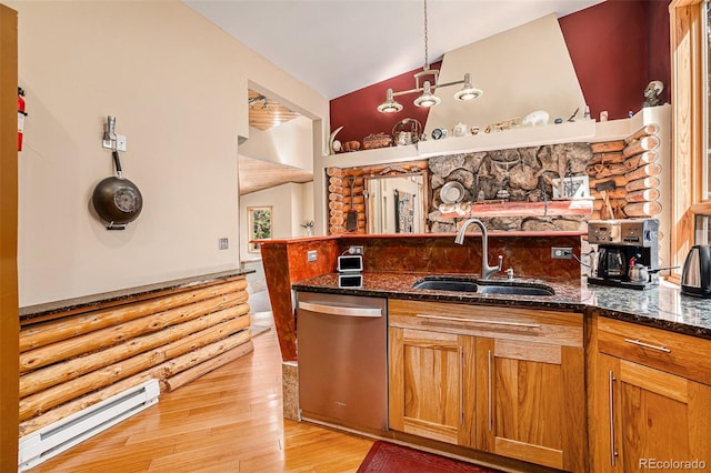 kitchen with dishwasher, hanging light fixtures, log walls, a baseboard heating unit, and sink