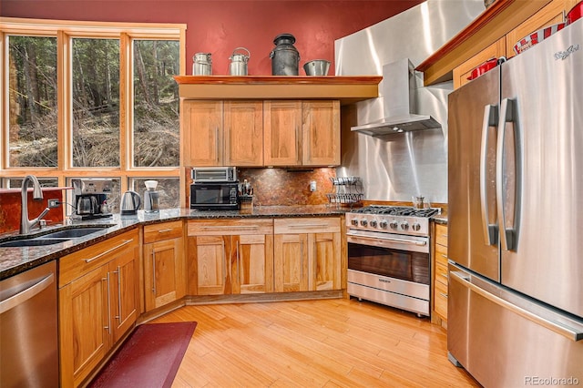 kitchen featuring stainless steel appliances, decorative backsplash, sink, and dark stone counters