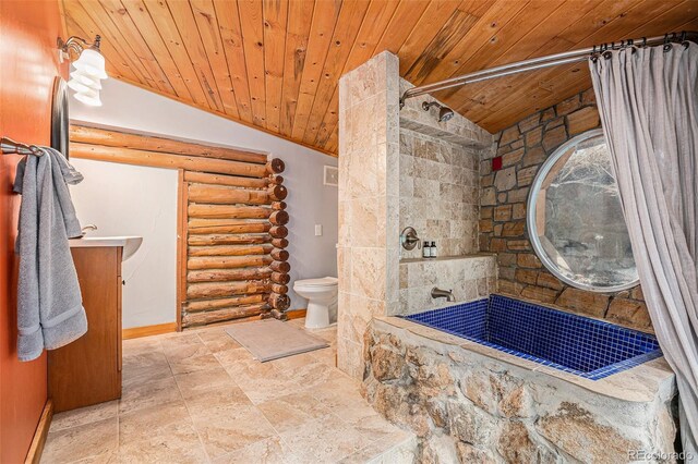 bathroom featuring wooden ceiling, vaulted ceiling, toilet, rustic walls, and curtained shower