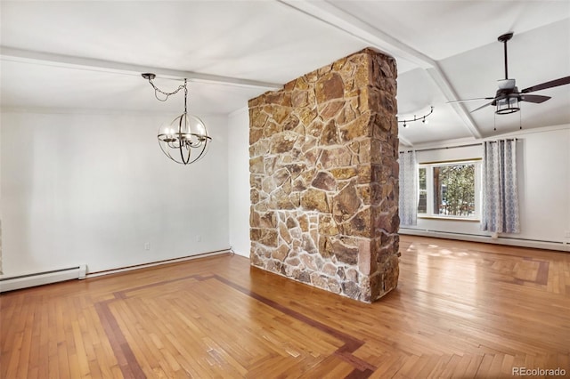 spare room with beamed ceiling, ceiling fan with notable chandelier, and a baseboard radiator