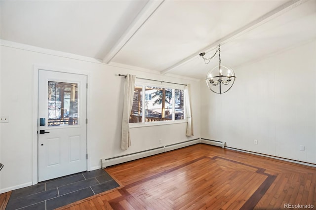 entrance foyer with beam ceiling, a baseboard radiator, and an inviting chandelier