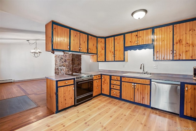 kitchen with dishwasher, black electric range oven, light hardwood / wood-style flooring, and sink