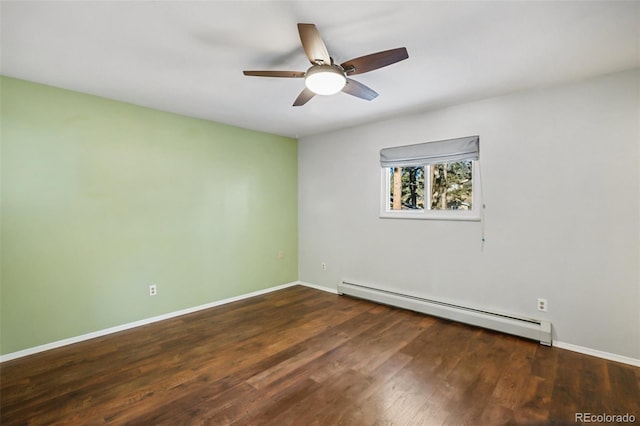 unfurnished room with baseboard heating, ceiling fan, and dark hardwood / wood-style floors