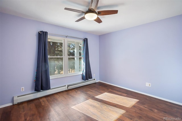 spare room with ceiling fan, dark wood-type flooring, and a baseboard radiator