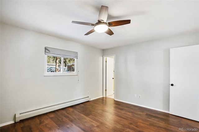 unfurnished room with ceiling fan, dark wood-type flooring, and a baseboard radiator