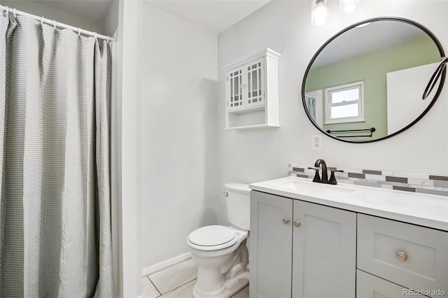 bathroom with curtained shower, tasteful backsplash, tile patterned flooring, toilet, and vanity