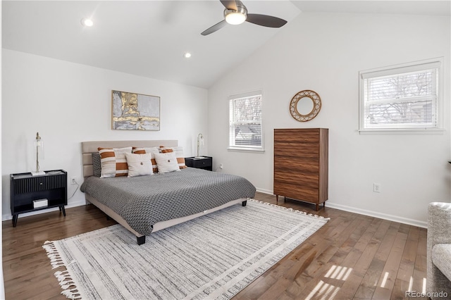 bedroom with recessed lighting, baseboards, lofted ceiling, and wood finished floors