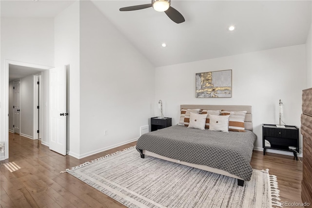 bedroom featuring wood finished floors, baseboards, high vaulted ceiling, recessed lighting, and ceiling fan