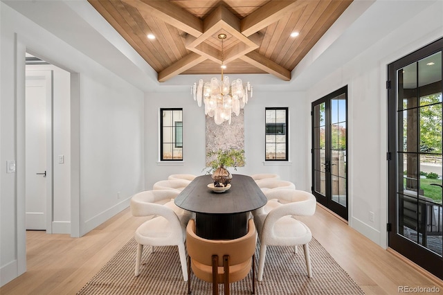 dining room featuring beam ceiling, light hardwood / wood-style flooring, french doors, and a notable chandelier