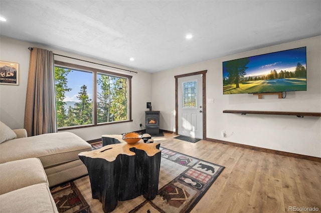 375 Castlewood Dr, Evergreen, CO 80439 - living room featuring a wood stove, plenty of natural light, recessed lighting, and wood finished floors