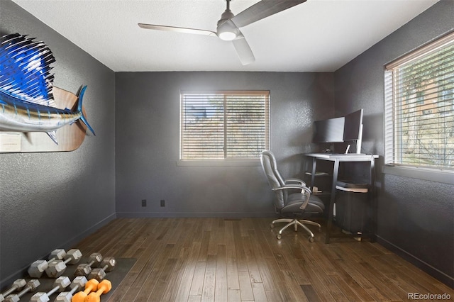 office area featuring dark hardwood / wood-style floors and ceiling fan