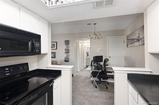 kitchen featuring white cabinets, black appliances, decorative light fixtures, light carpet, and an inviting chandelier