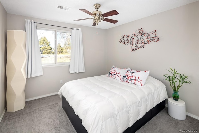 carpeted bedroom featuring ceiling fan