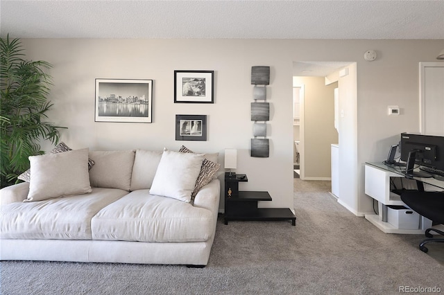 living area featuring carpet, an office area, a textured ceiling, and baseboards