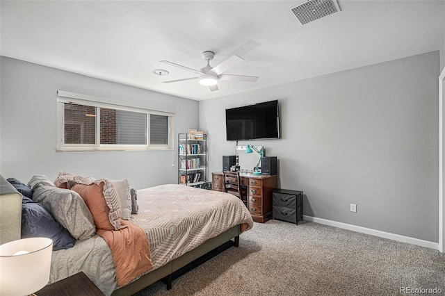 bedroom featuring visible vents, carpet, ceiling fan, and baseboards
