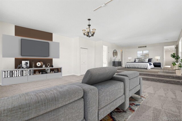 12997 Wyandot Way, Westminster, CO 80234 - living area featuring carpet flooring, a chandelier, and baseboards