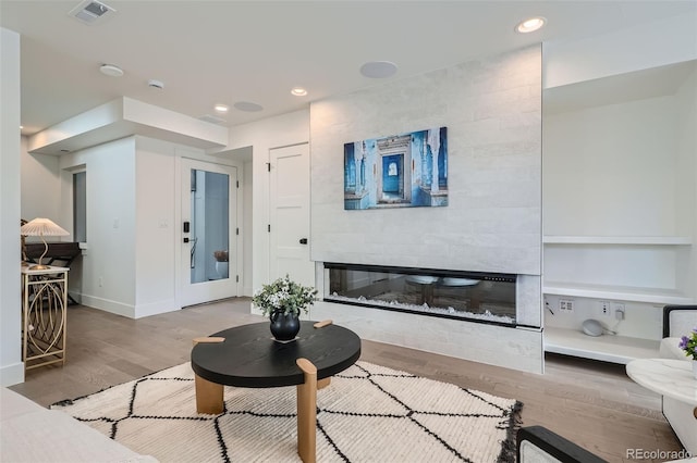 living room featuring a fireplace and light wood-type flooring