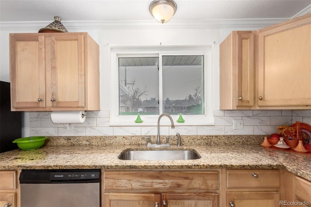 kitchen featuring decorative backsplash, stainless steel dishwasher, ornamental molding, sink, and light brown cabinets