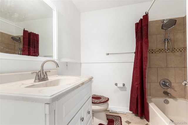 full bathroom with tile patterned flooring, vanity, shower / tub combo, and toilet