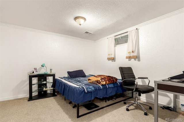 carpeted bedroom featuring a textured ceiling and crown molding