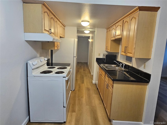 kitchen with sink, light brown cabinetry, white electric range oven, and light hardwood / wood-style floors