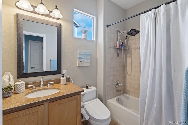 4515 W 107th Cir, Westminster, CO 80031 - full bathroom with shower / bathtub combination with curtain, vanity, and a textured wall