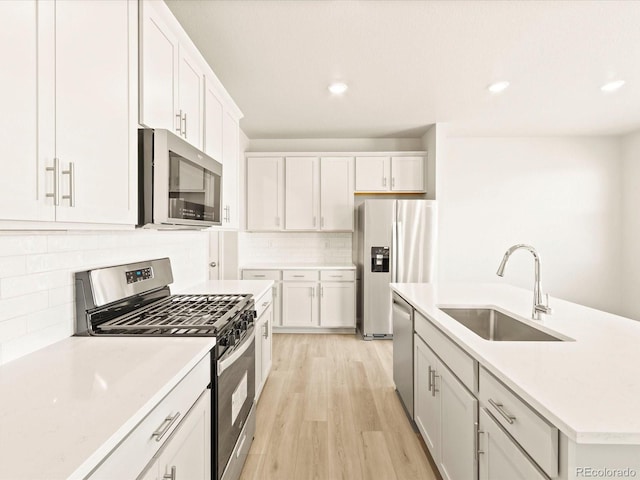 kitchen with decorative backsplash, sink, white cabinetry, and appliances with stainless steel finishes