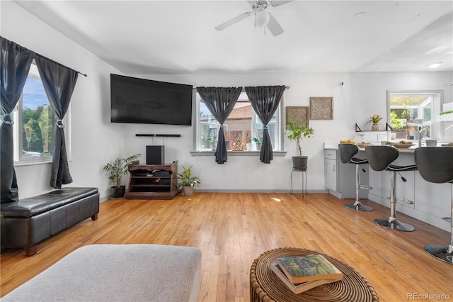935 S Pecos Way, Denver, CO 80223 - living room featuring a ceiling fan, plenty of natural light, and wood-type flooring